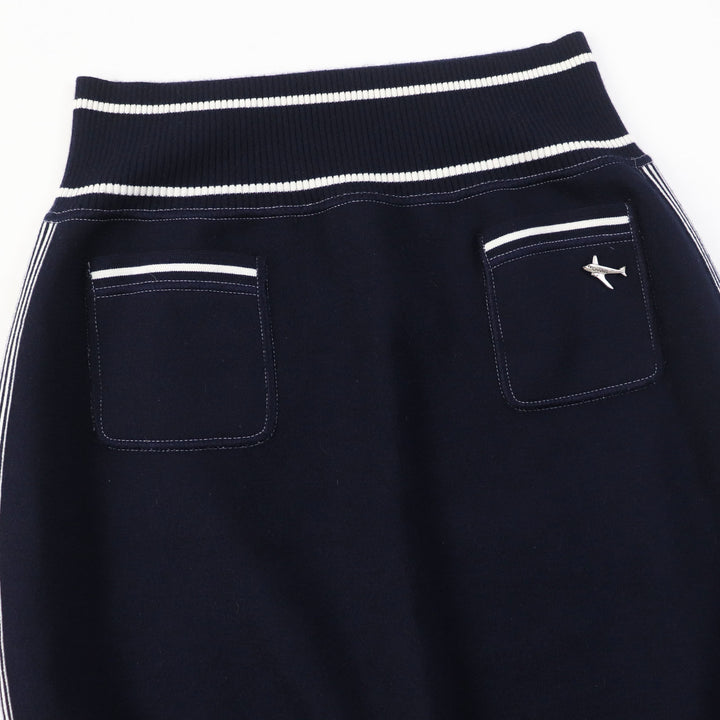 美品◎CHANEL シャネル 08C P32497 エアライン カシミヤ混 飛行機チャーム付き ニットスカート ダークネイビー ホワイト シルバー金具 40