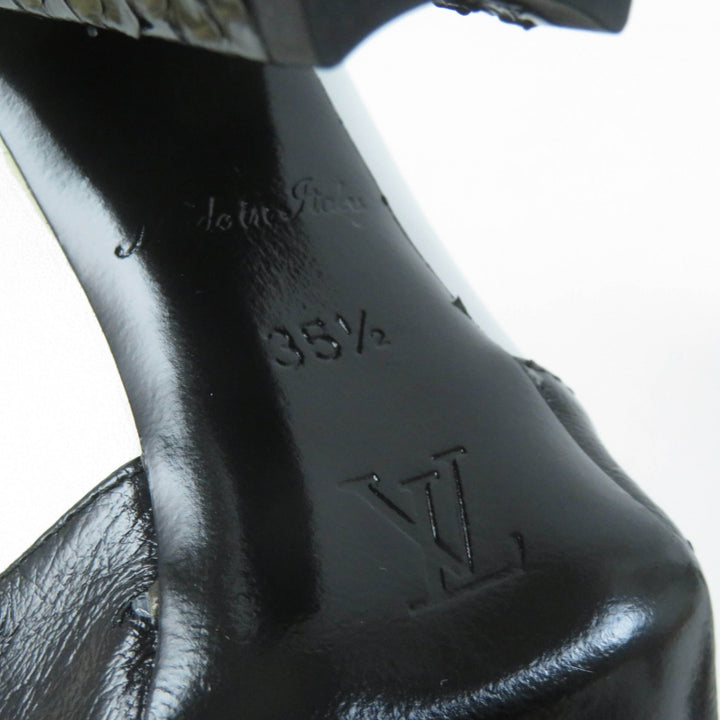 極美品★LOUIS VUITTON ルイヴィトン ロゴ金具付 アンクルストラップ パイソン オーストリッチ切り替え レザー サンダル 35.5 保存袋付