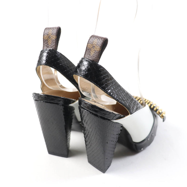 極美品★LOUIS VUITTON ルイヴィトン ロゴ金具付 アンクルストラップ パイソン オーストリッチ切り替え レザー サンダル 35.5 保存袋付
