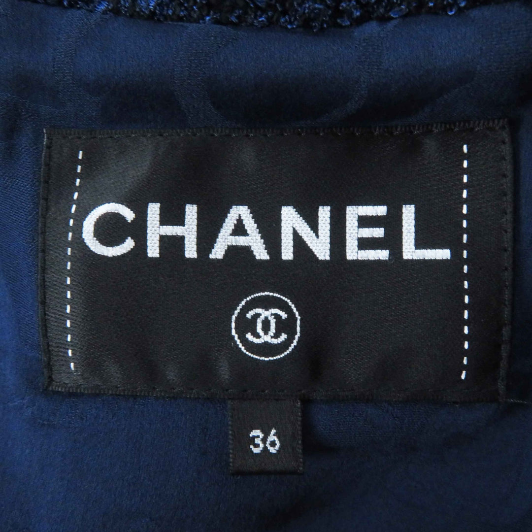 人気◎CHANEL シャネル P53864 ココマークプレート付き ツイード ロング丈 コート ブルー ネイビー 36 フランス製 正規品 レディース