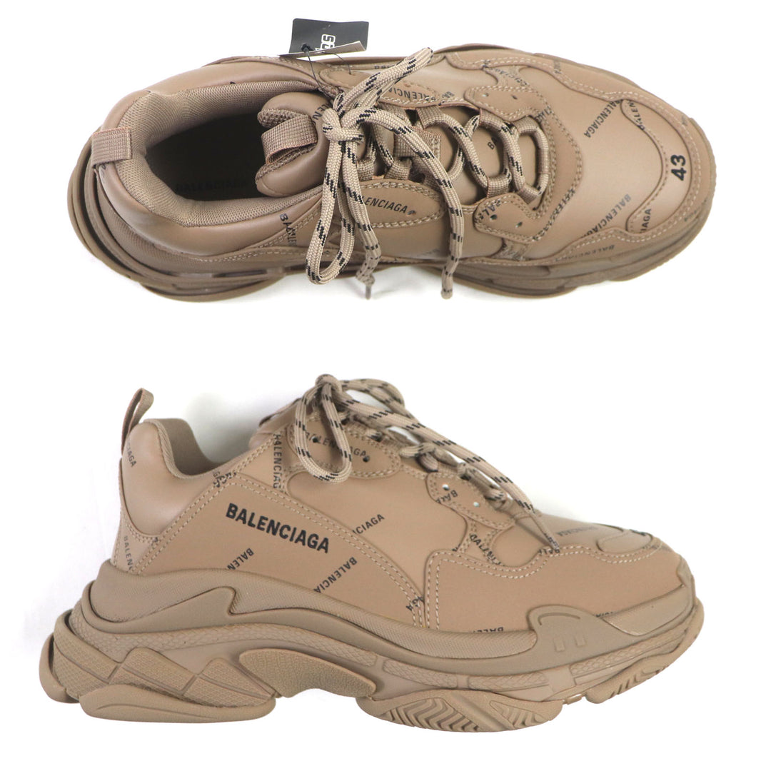 未使用品▼BALENCIAGA バレンシアガ 536737 TRIPLE S トリプルエス ロゴ総柄 刺繍入り レザー スニーカー ブラウン 43 (28.5cm) メンズ