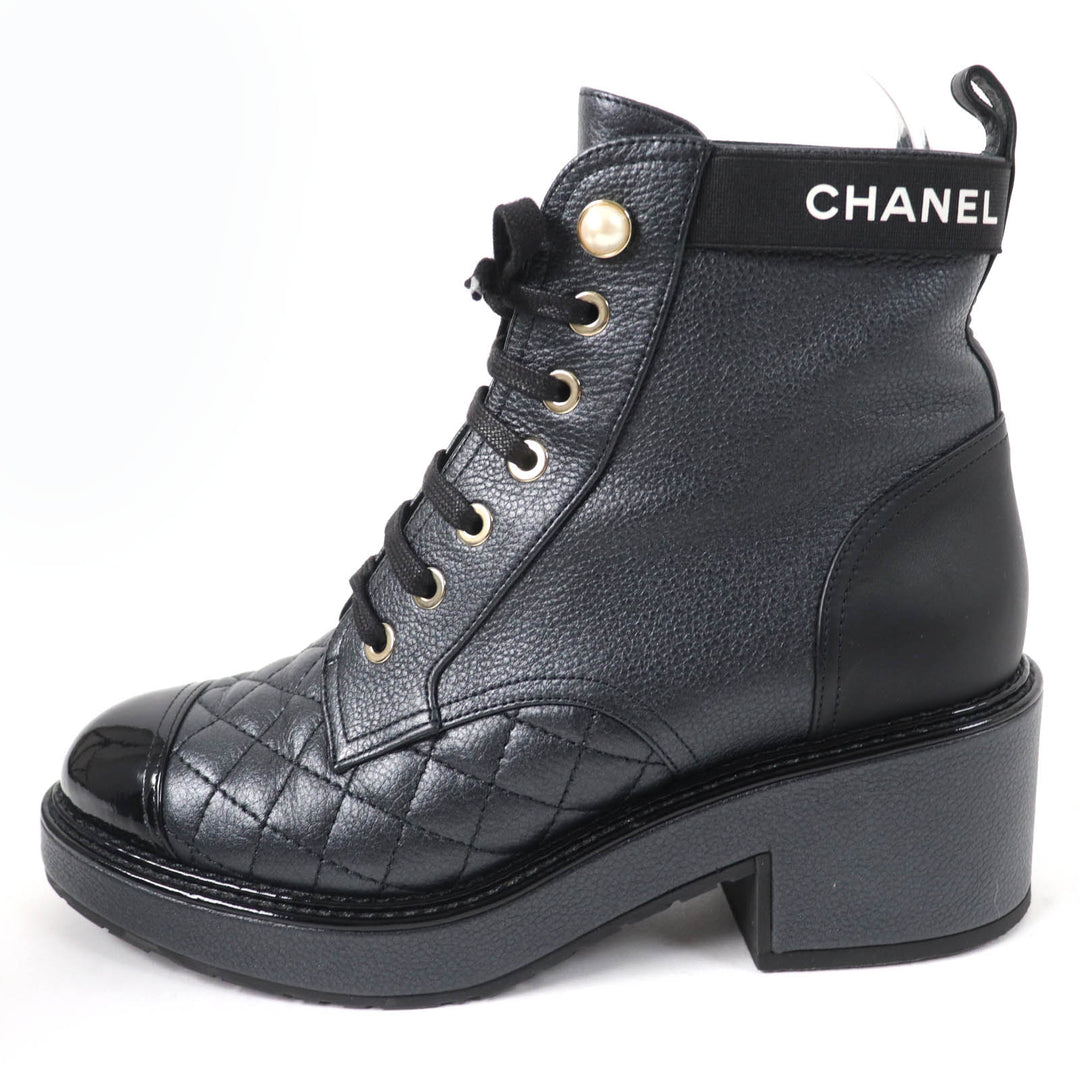 極美品☆CHANEL シャネル G38514 ロゴ マトラッセ Fパール付 レースアップ レザー アンクルブーツ ブラック 37 イタリア製 レディース