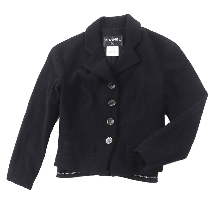 美品◎CHANEL シャネル Ｐ42616／Ｐ42872 ウール シルク混 ラインストーンココボタン・プレート付 単色ツイード セットアップ 黒 36・34