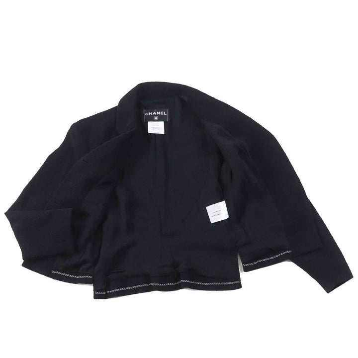 美品◎CHANEL シャネル Ｐ42616／Ｐ42872 ウール シルク混 ラインストーンココボタン・プレート付 単色ツイード セットアップ 黒 36・34