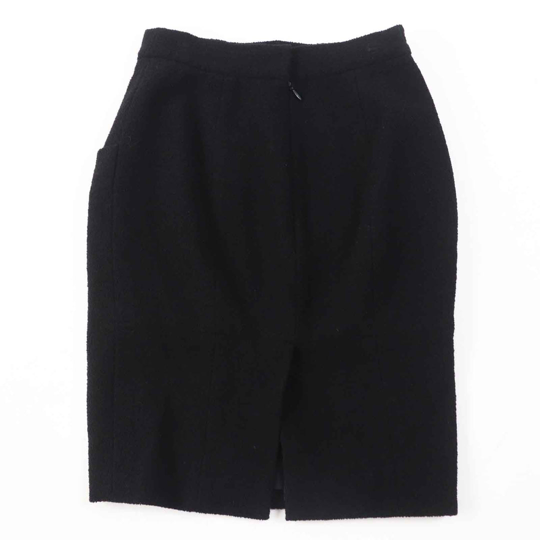 美品◎CHANEL シャネル Ｐ42616／Ｐ42872 ウール シルク混 ラインストーンココボタン・プレート付 単色ツイード セットアップ 黒 36・34