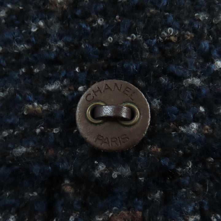 美品★CHANEL シャネル ヴィンテージ 02A P19979 ウール モヘア混 レザーロゴボタン付 ツイード コート ネイビー系 46 仏製 レディース