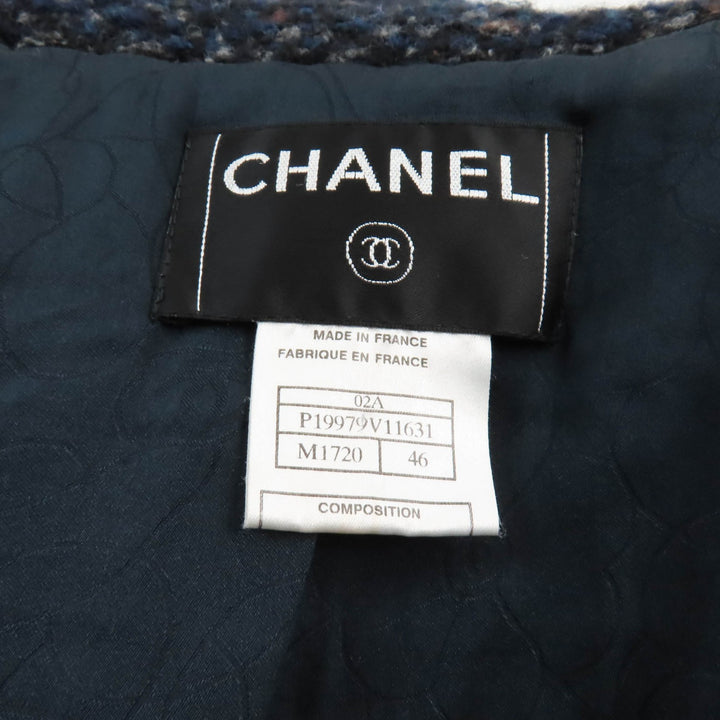 美品★CHANEL シャネル ヴィンテージ 02A P19979 ウール モヘア混 レザーロゴボタン付 ツイード コート ネイビー系 46 仏製 レディース