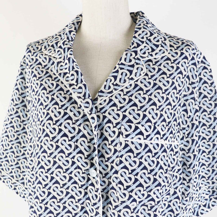 未使用品◎BURBERRY バーバリー 8048782 シルク100％ ロゴボタン TBEモノグラム パジャマシャツ ブルー ネイビー 40 正規品 レディース