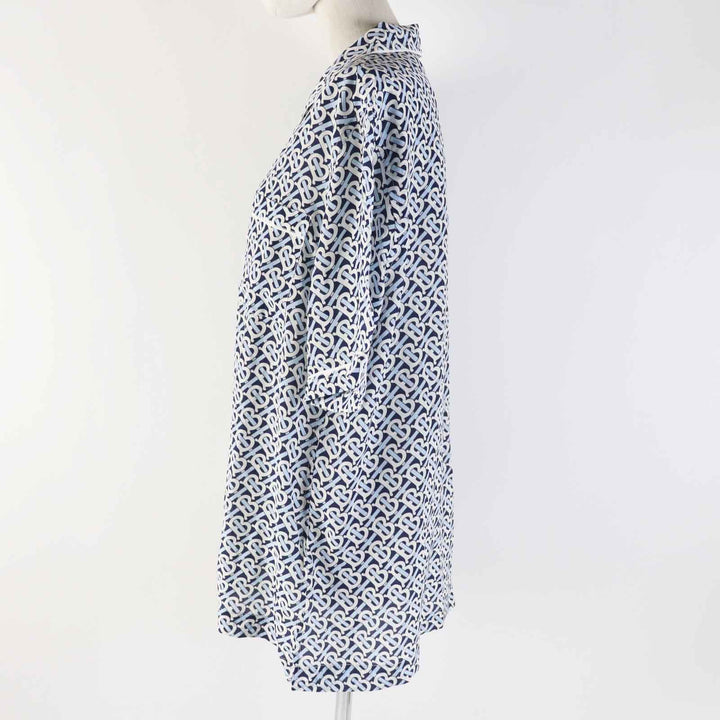 未使用品◎BURBERRY バーバリー 8048782 シルク100％ ロゴボタン TBEモノグラム パジャマシャツ ブルー ネイビー 40 正規品 レディース