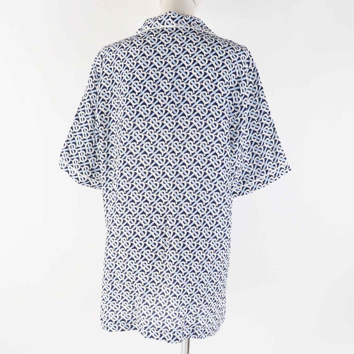 未使用品◎BURBERRY バーバリー 8048782 シルク100％ ロゴボタン TBEモノグラム パジャマシャツ ブルー ネイビー 40 正規品 レディース
