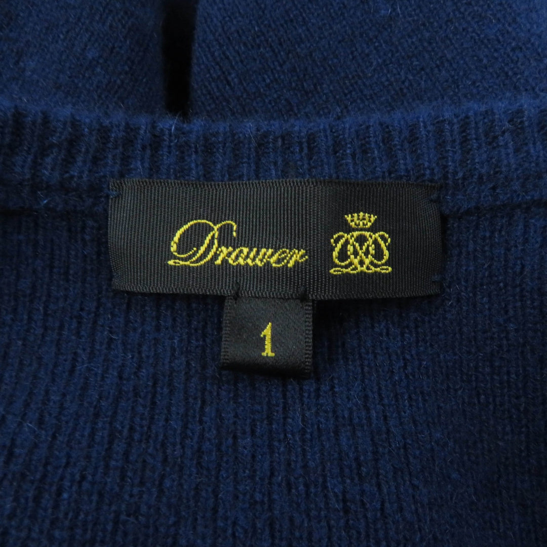 美品★DRAWER ドゥロワー 6513-106-0903 カシミヤ100％ 14G リブギャザー クルーネック 長袖 ニット セーター ネイビー 1 正規品