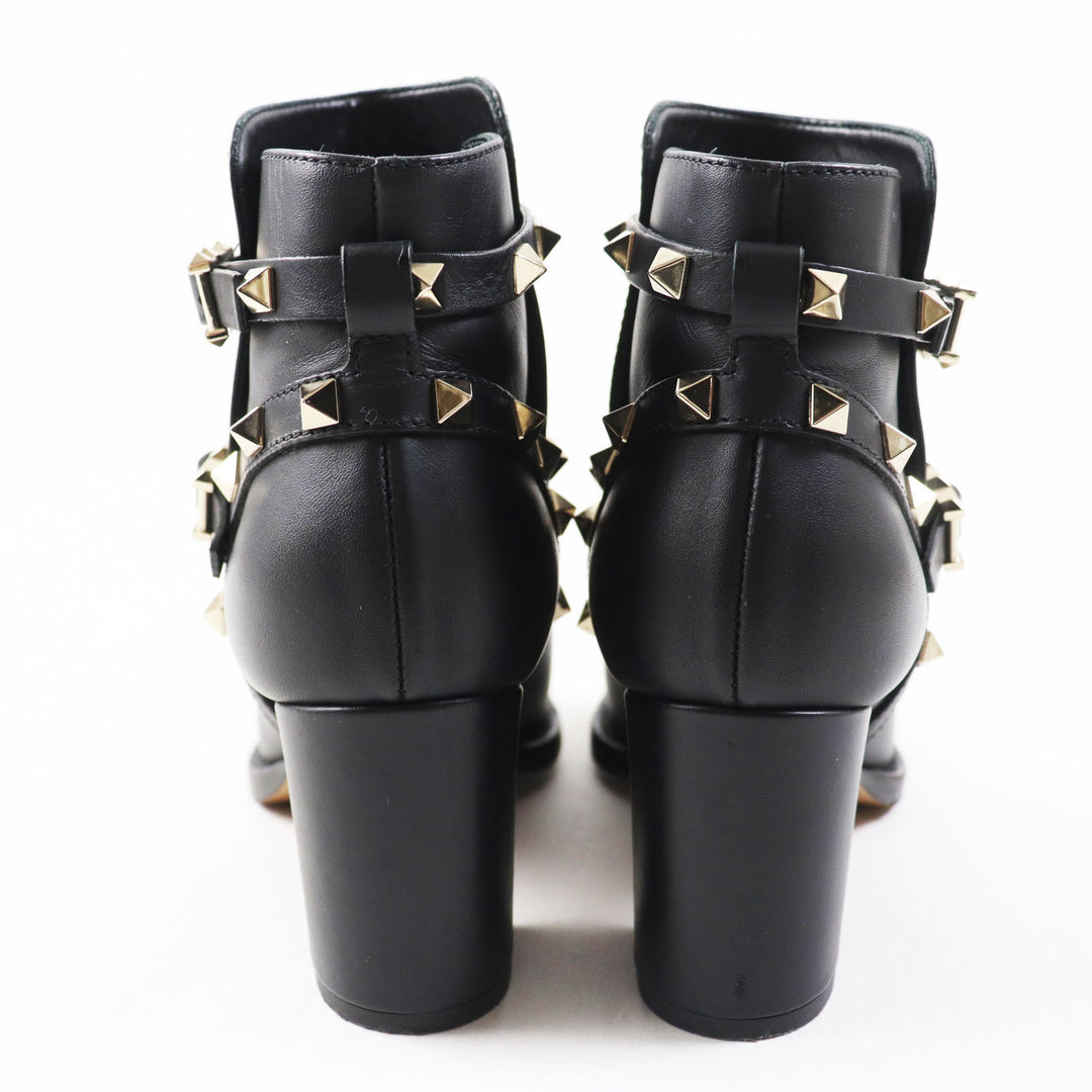 美品◎Valentino Garavani ヴァレンティノガラヴァーニ ロックスタッズ付き レザー ショートブーツ ブラック ゴールド金具 35.5 伊製