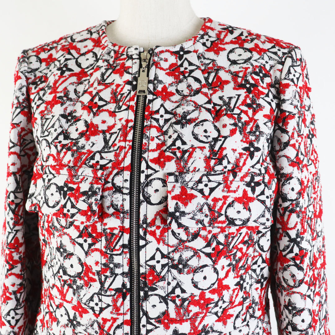 極美品◎LOUIS VUITTON ルイヴィトン 18SS モノグラムジャガード ノーカラー ジップアップ ロング コート レッド ホワイト ブラック 38