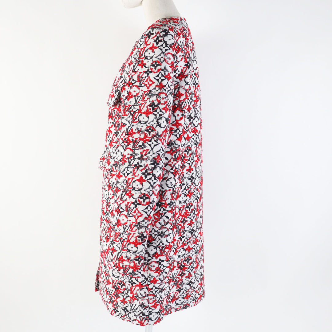 極美品◎LOUIS VUITTON ルイヴィトン 18SS モノグラムジャガード ノーカラー ジップアップ ロング コート レッド ホワイト ブラック 38
