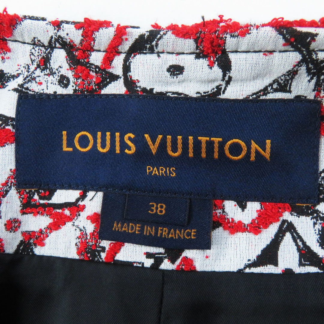 極美品◎LOUIS VUITTON ルイヴィトン 18SS モノグラムジャガード ノーカラー ジップアップ ロング コート レッド ホワイト ブラック 38