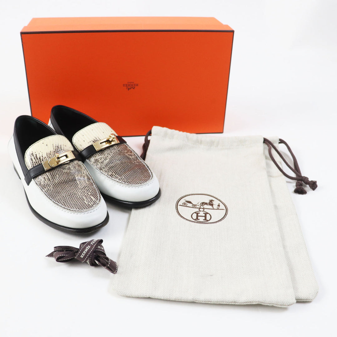 美品◎HERMES エルメス デスタン モカシン ゴールド金具 ケリーバックル レザー リザード ローファー ホワイト ベージュ 35 箱・保存袋付