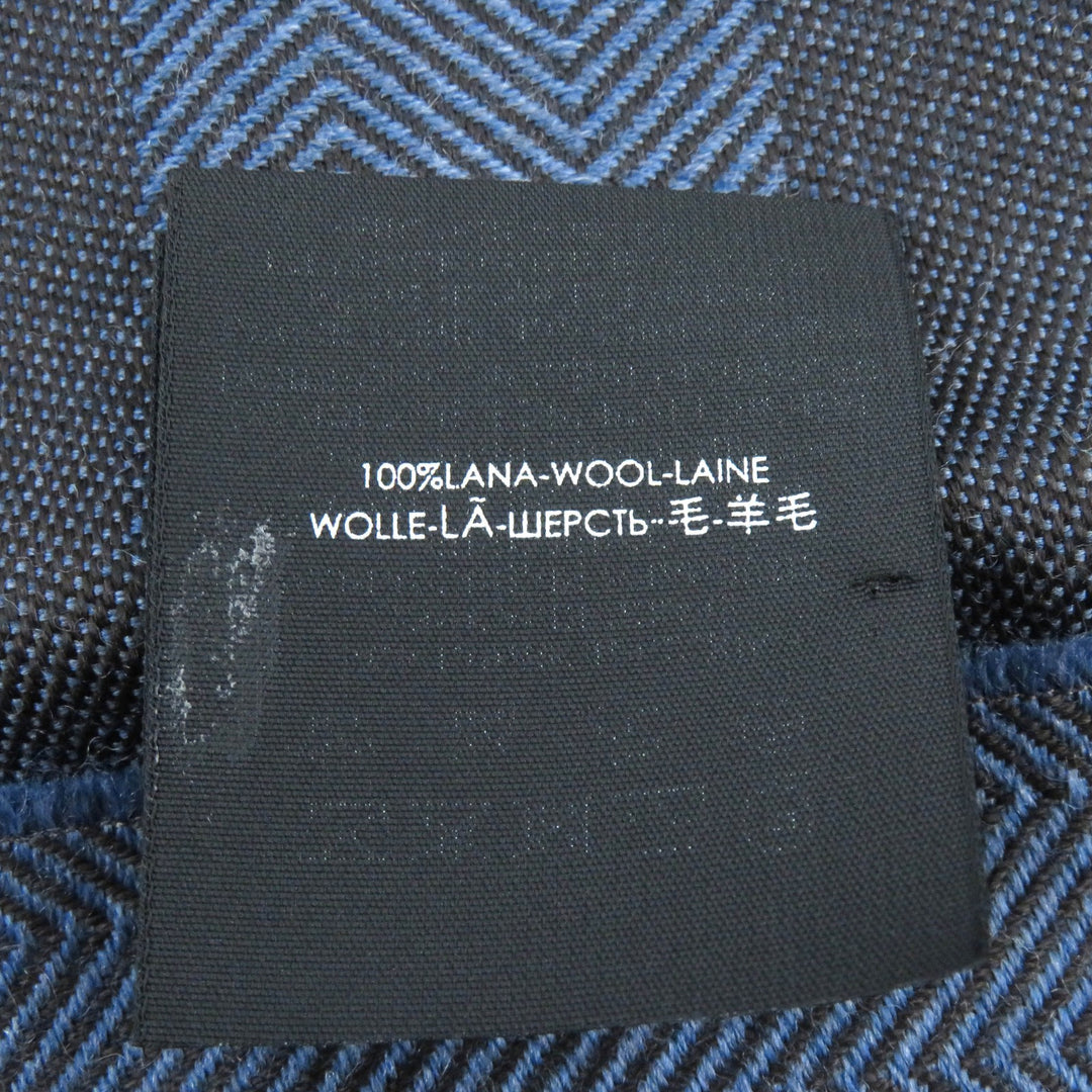 極美品△GUCCI グッチ ウール100％ ヘリンボーン柄 ロゴ刺繍 フリンジ ショール ストール マフラー ブルー ブラウン 40×190cm 正規品