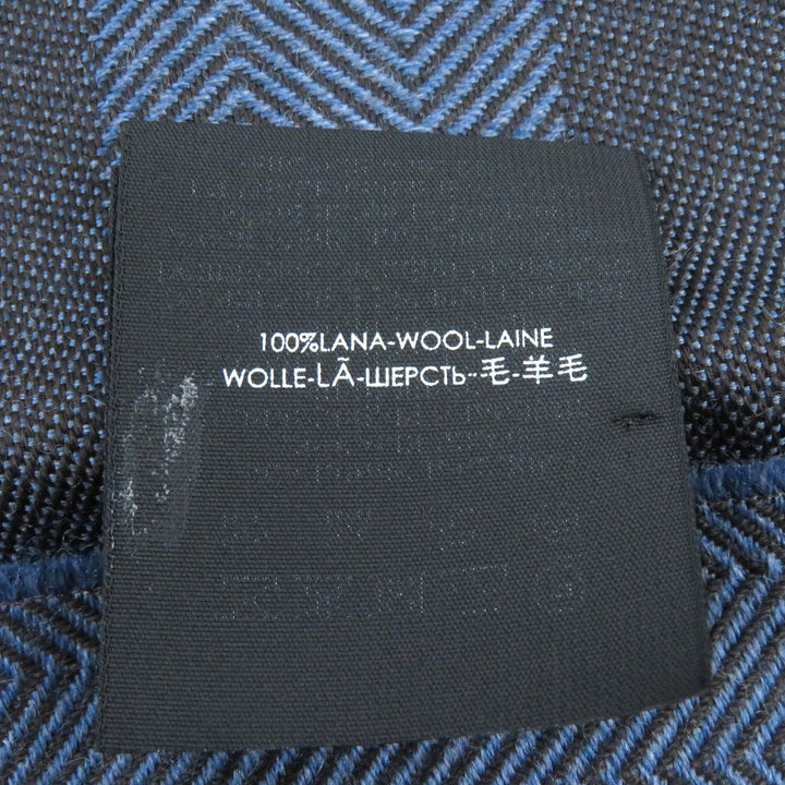極美品△GUCCI グッチ ウール100％ ヘリンボーン柄 ロゴ刺繍 フリンジ ショール ストール マフラー ブルー ブラウン 40×190cm 正規品