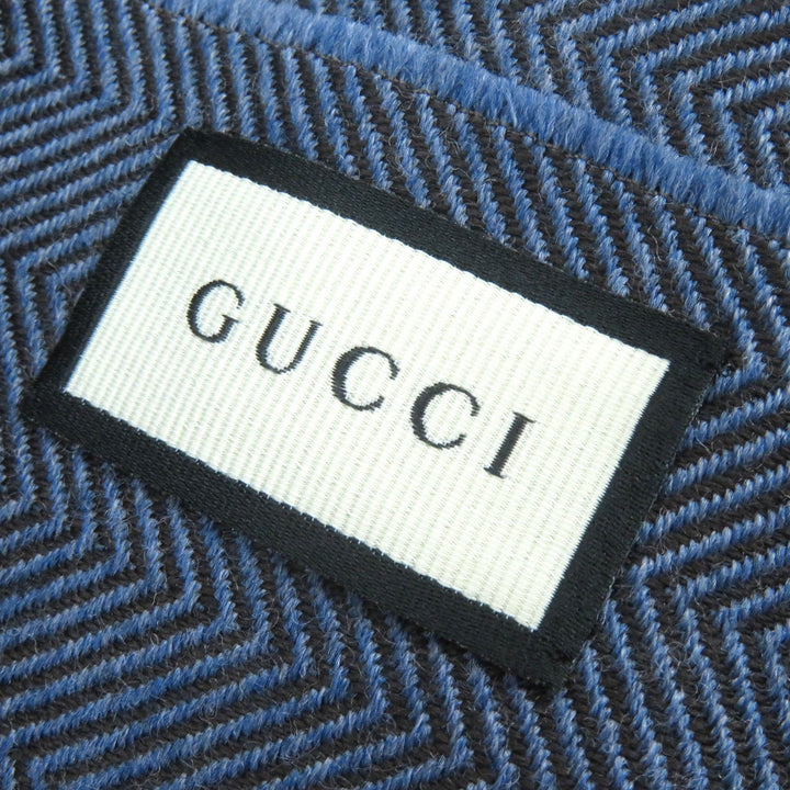 極美品△GUCCI グッチ ウール100％ ヘリンボーン柄 ロゴ刺繍 フリンジ ショール ストール マフラー ブルー ブラウン 40×190cm 正規品