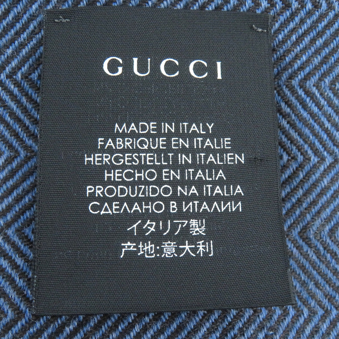 極美品△GUCCI グッチ ウール100％ ヘリンボーン柄 ロゴ刺繍 フリンジ ショール ストール マフラー ブルー ブラウン 40×190cm 正規品