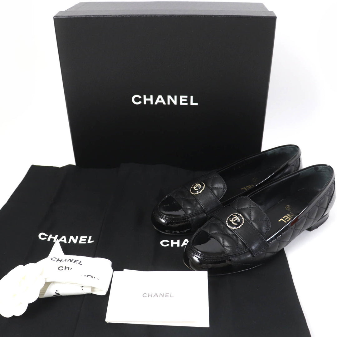 美品☆CHANEL シャネル 23B G45122 ココマーク マトラッセ レザー パテントレザー フラットパンプス バレエシューズ 黒 36.5 レディース
