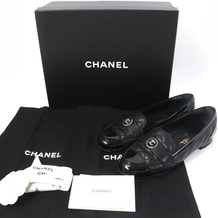 美品☆CHANEL シャネル 23B G45122 ココマーク マトラッセ レザー パテントレザー フラットパンプス バレエシューズ 黒 36.5 レディース