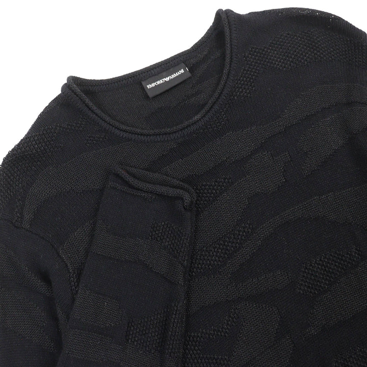美品△EMPORIO ARMANI エンポリオ アルマーニ 黒タグ 3Z1MY1 総織柄 クルーネック ロングスリーブ ニット セーター ブラック M 正規品