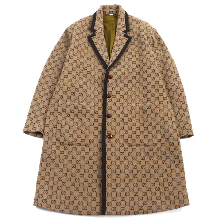 極美品○GUCCI グッチ 598710 GGジャガード メルトン くるみボタン ロング丈 チェスターコート ベージュ 総柄 50 伊製 正規品 メンズ