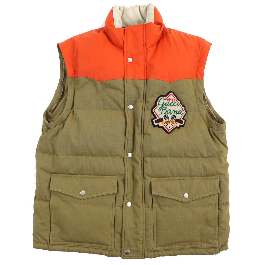 美品△GUCCI グッチ 21AW 641311 ロゴワッペン 2WAY ジップアップ ダウンジャケット ダウンベスト キャメル オレンジ 46 正規品 メンズ