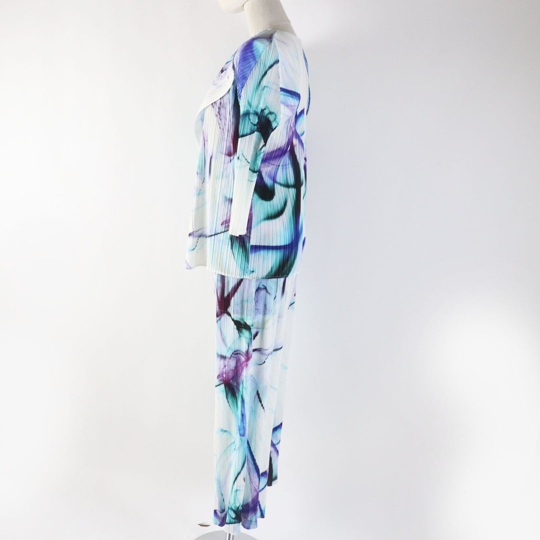 極美品◎PLEATS PLEASE プリーツプリーズ イッセイミヤケ PP41-J0666 PP41-JF662 水彩柄 セットアップ ホワイト マルチ 4・2 レディース