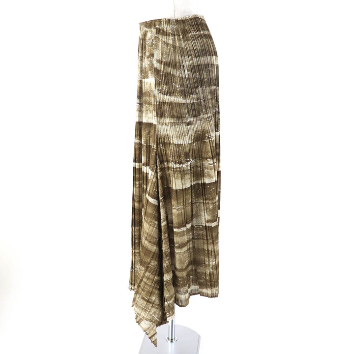 極美品△PLEATS PLEASE プリーツプリーズ イッセイミヤケ PP31-JG924 グラフィックプリント 裾変形デザイン スカート ブラウン 4 正規品