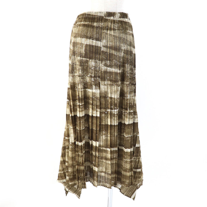 極美品△PLEATS PLEASE プリーツプリーズ イッセイミヤケ PP31-JG924 グラフィックプリント 裾変形デザイン スカート ブラウン 4 正規品