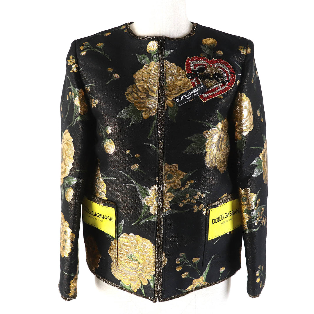未使用品△DOLCE&amp;GABBANA ドルチェ＆ガッバーナ 黒タグ フラワージャガード ビーズ装飾 ノーカラージャケット 36 正規品 定価389000円