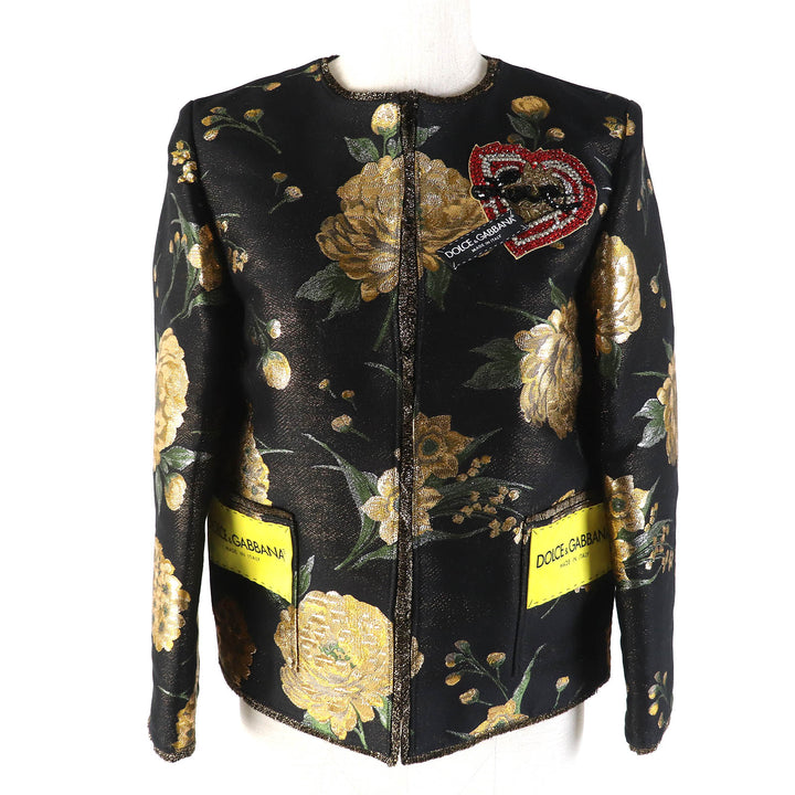 未使用品△DOLCE&amp;GABBANA ドルチェ＆ガッバーナ 黒タグ フラワージャガード ビーズ装飾 ノーカラージャケット 36 正規品 定価389000円