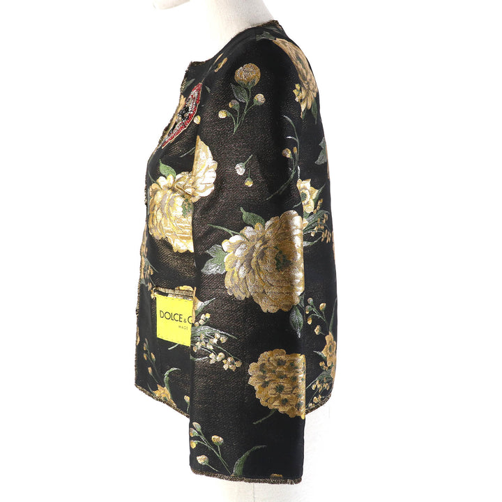 未使用品△DOLCE&amp;GABBANA ドルチェ＆ガッバーナ 黒タグ フラワージャガード ビーズ装飾 ノーカラージャケット 36 正規品 定価389000円