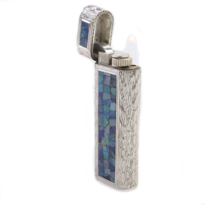 極美品▼Cartier カルティエ オーバル オパールモザイク アウタージャケット ローラー式 ガス ライター シルバー ブルー 着火確認済み