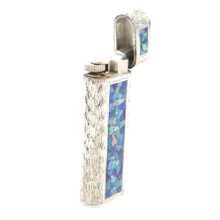 極美品▼Cartier カルティエ オーバル オパールモザイク アウタージャケット ローラー式 ガス ライター シルバー ブルー 着火確認済み