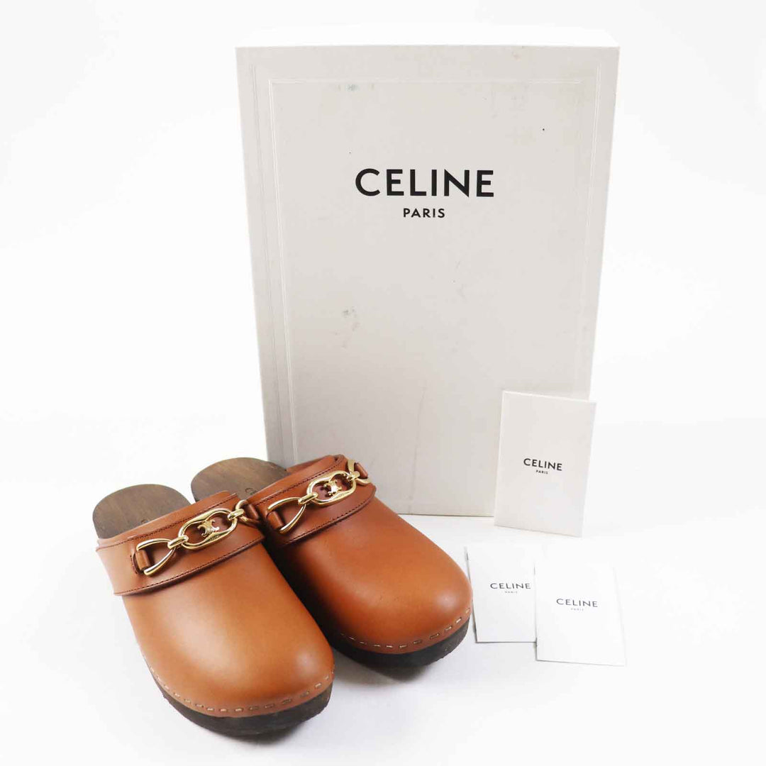 美品◎CELINE セリーヌ トリオンフ レザー ウッド サボ ミュール ブラウン ゴールド金具 34 箱付き イタリア製 レディース