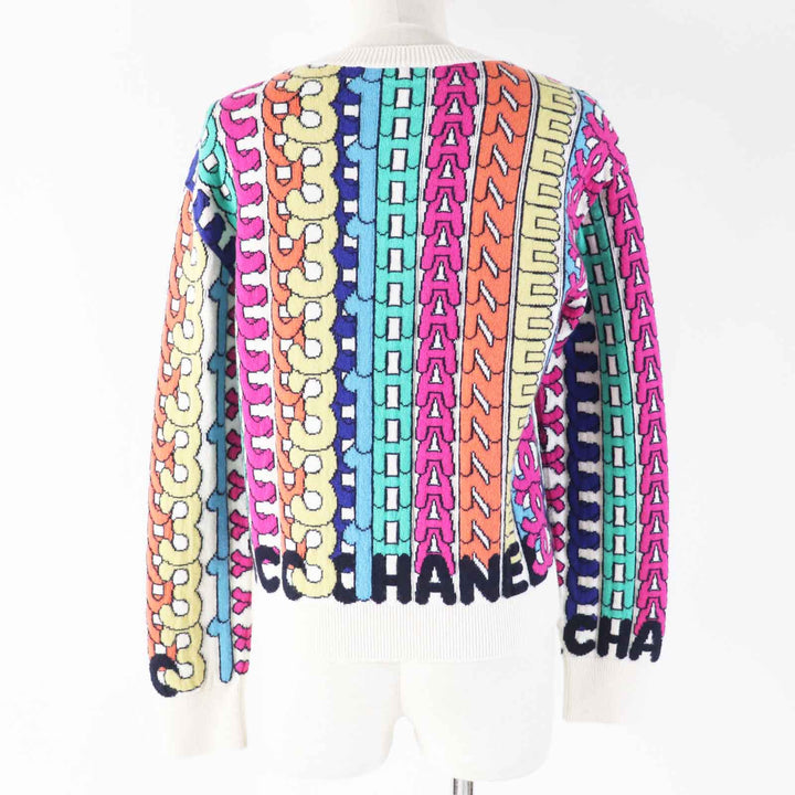 極美品◎CHANEL シャネル P71599 ロゴ総柄 カシミヤ100％ ストーン付きココマーク 長袖 ニットプルオーバー マルチ 34 UK製 レディース