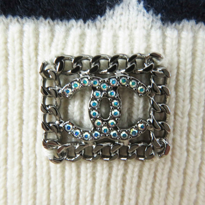 極美品◎CHANEL シャネル P71599 ロゴ総柄 カシミヤ100％ ストーン付きココマーク 長袖 ニットプルオーバー マルチ 34 UK製 レディース