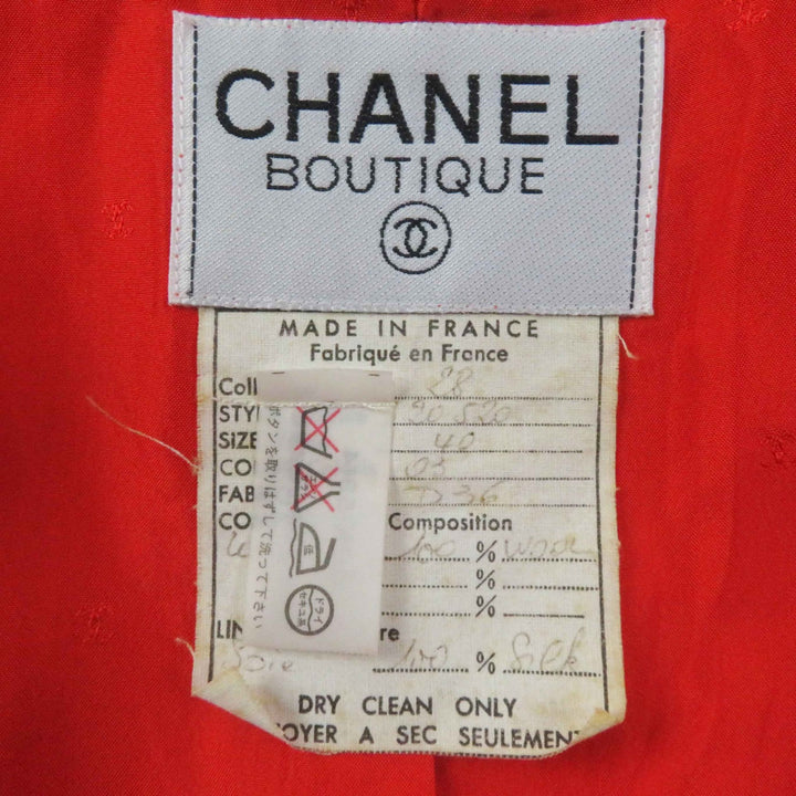 極美品◎CHANEL シャネル ヴィンテージ ウール 裏シルク ココマークボタン セットアップ 朱色 40・40 ハンガー付き フランス製 正規品
