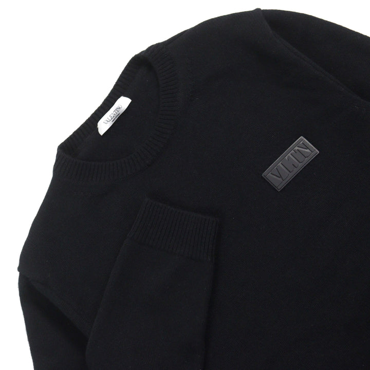 美品○VALENTINO ヴァレンティノ 20AW VW3KC13W75D カシミヤ100% VLTNロゴワッペン付 クルーネック セーター ニット 黒 S 正規品 メンズ