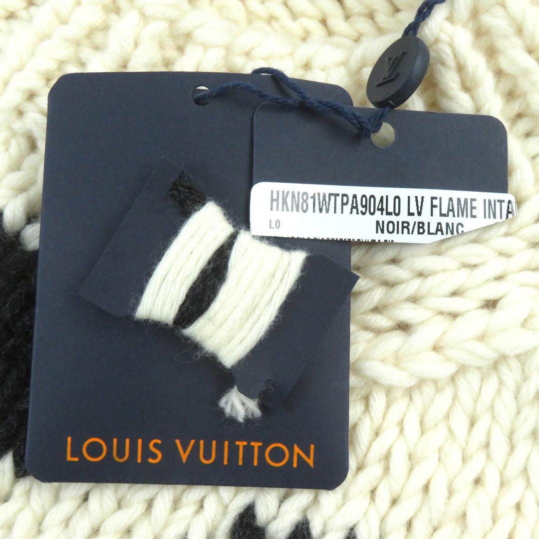 未使用品△LOUIS VUITTON ルイヴィトン 2021年製 LV フレイム インタルシア ウール100％ ロゴ金具付 長袖 ニット アイボリー 黒 L 正規品