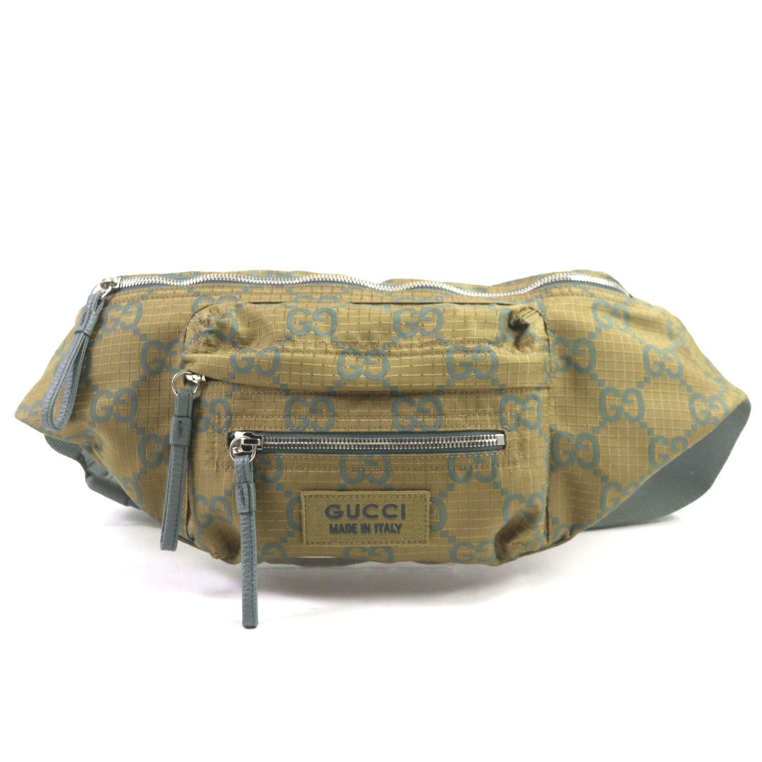 極美品▼GUCCI グッチ 792287 GG リップストップ ベルトバッグ ボディバッグ レザー使い ウエストバッグ カーキ 保存袋付き 伊製 メンズ