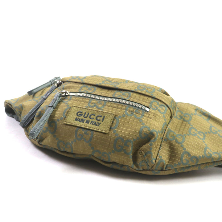 極美品▼GUCCI グッチ 792287 GG リップストップ ベルトバッグ ボディバッグ レザー使い ウエストバッグ カーキ 保存袋付き 伊製 メンズ