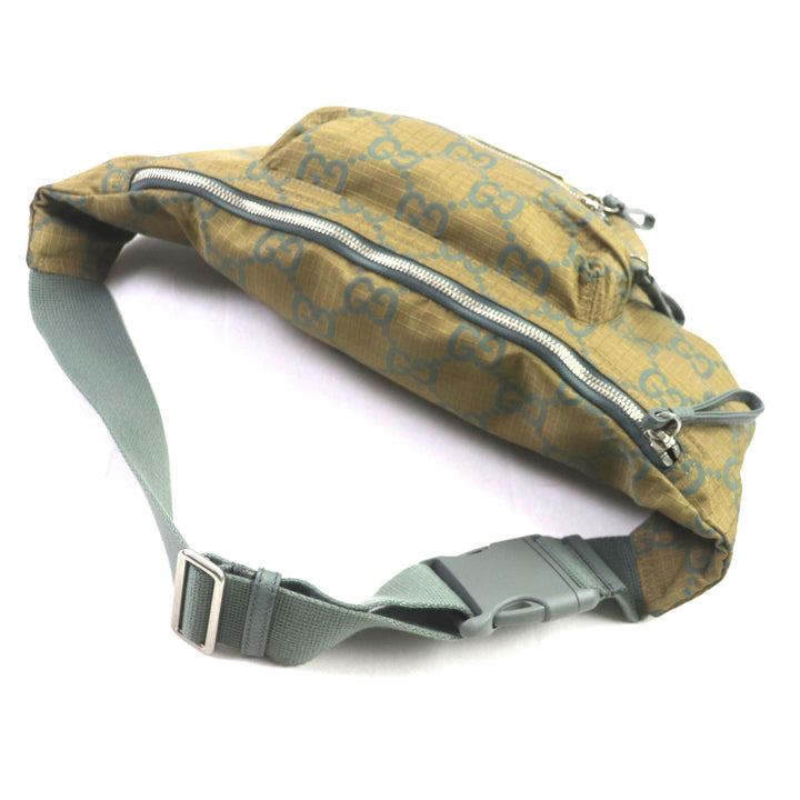 極美品▼GUCCI グッチ 792287 GG リップストップ ベルトバッグ ボディバッグ レザー使い ウエストバッグ カーキ 保存袋付き 伊製 メンズ