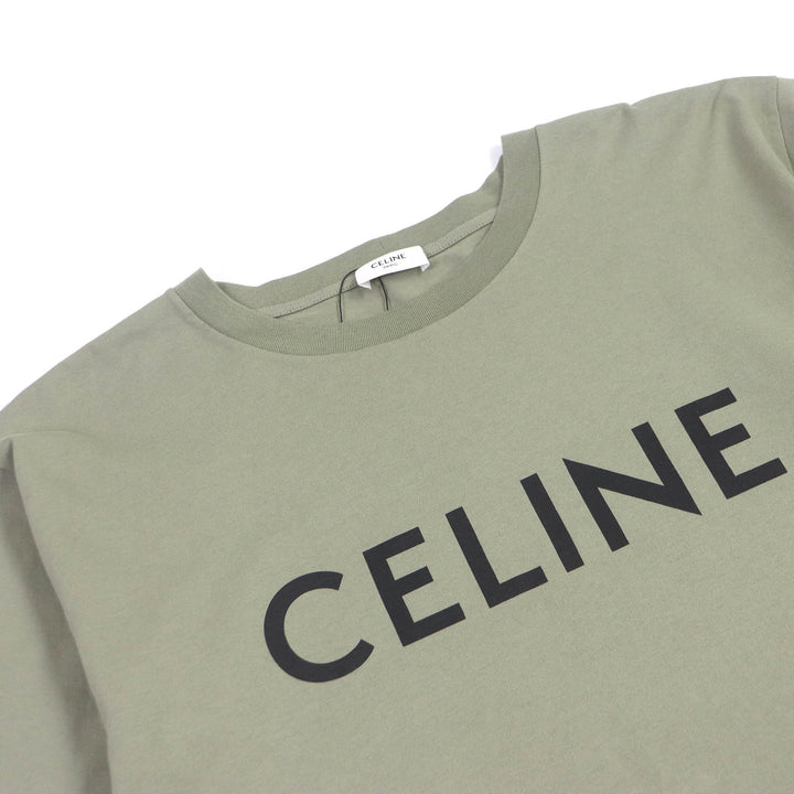 未使用品□CELINE セリーヌ 2X681671Q コットン ロゴプリント ショートスリーブ 半袖 ルーズＴシャツ カーキ S イタリア製 正規品 メンズ