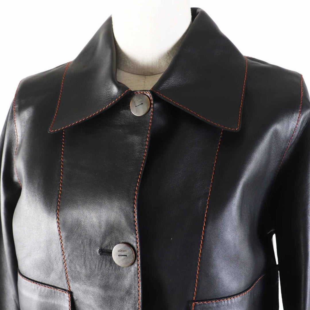 極美品◎LOEWE ロエベ S359330XBU ラムスキン ロゴボタン付き ターンアップ ジャケット ブラック 約M ハンガー付き 定価437800円