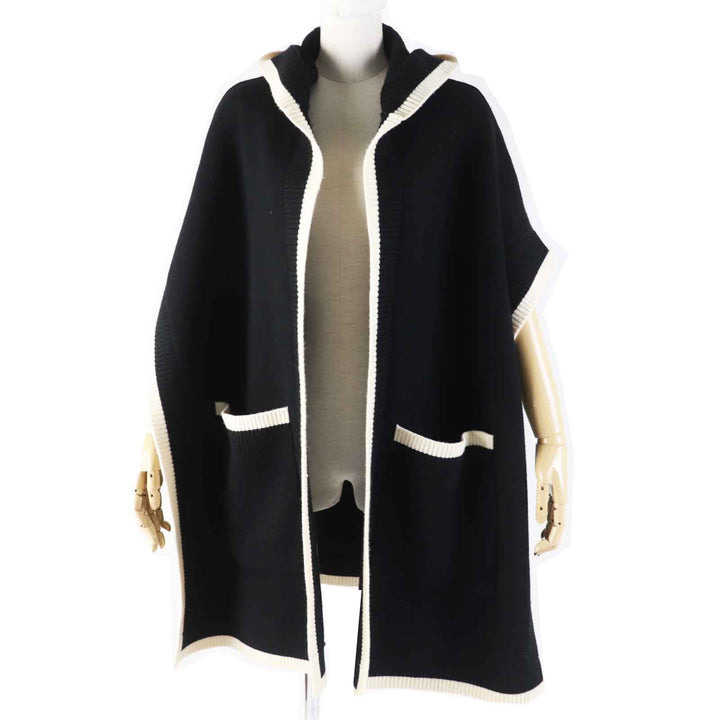 美品◎BURBERRY バーバリー 21SS 8031544 ウール カシミヤ バックロゴ フーデッド ケープ／ポンチョ ブラック ホワイト ONE SIZE 正規品