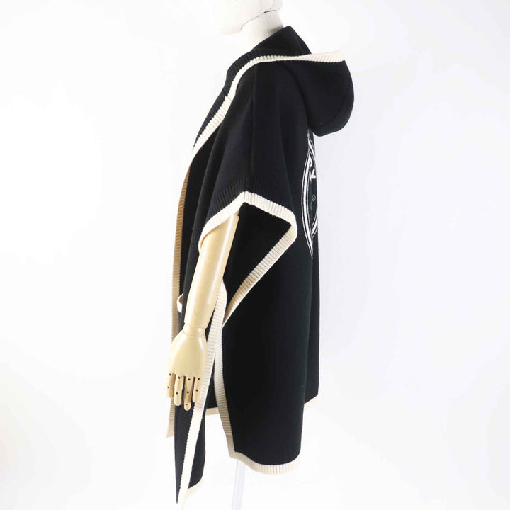 美品◎BURBERRY バーバリー 21SS 8031544 ウール カシミヤ バックロゴ フーデッド ケープ／ポンチョ ブラック ホワイト ONE SIZE 正規品